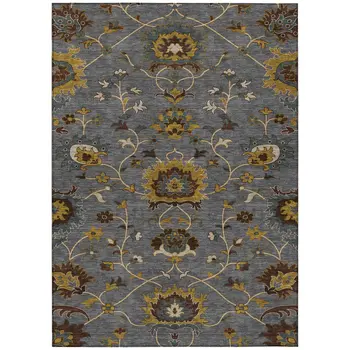 9' X 12' Gray Gold And Beige Floral Washable Indoor Outdoor Area Rug
