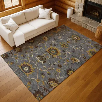 9' X 12' Gray Gold And Beige Floral Washable Indoor Outdoor Area Rug