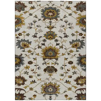 3' X 5' Ivory Gray And Gold Floral Washable Indoor Outdoor Area Rug