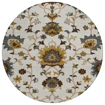 8' Ivory Gray And Gold Round Floral Washable Indoor Outdoor Area Rug