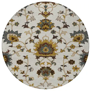 8' Ivory Gray And Gold Round Floral Washable Indoor Outdoor Area Rug