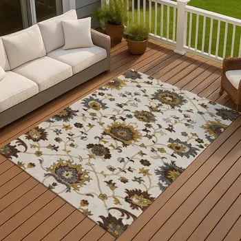 8' X 10' Ivory Gray And Gold Floral Washable Indoor Outdoor Area Rug