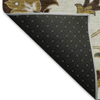 8' X 10' Ivory Gray And Gold Floral Washable Indoor Outdoor Area Rug