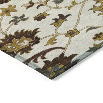 8' X 10' Ivory Gray And Gold Floral Washable Indoor Outdoor Area Rug