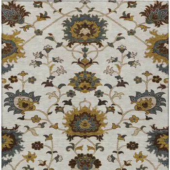 8' X 10' Ivory Gray And Gold Floral Washable Indoor Outdoor Area Rug
