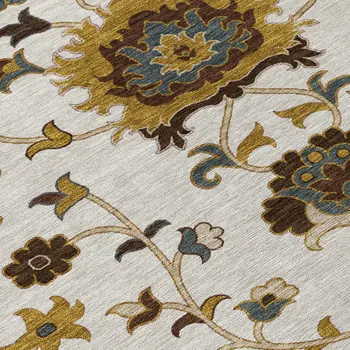 8' X 10' Ivory Gray And Gold Floral Washable Indoor Outdoor Area Rug