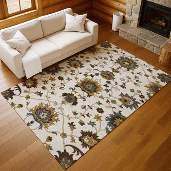 8' X 10' Ivory Gray And Gold Floral Washable Indoor Outdoor Area Rug