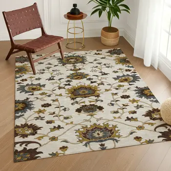 8' X 10' Ivory Gray And Gold Floral Washable Indoor Outdoor Area Rug