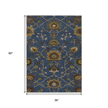 3' X 5' Navy Blue Gold And Brown Floral Washable Indoor Outdoor Area Rug