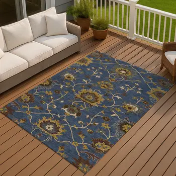 5' X 8' Navy Blue Gold And Brown Floral Washable Indoor Outdoor Area Rug