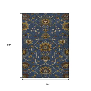 5' X 8' Navy Blue Gold And Brown Floral Washable Indoor Outdoor Area Rug