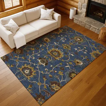 5' X 8' Navy Blue Gold And Brown Floral Washable Indoor Outdoor Area Rug