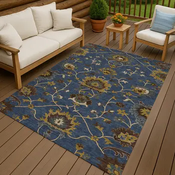 5' X 8' Navy Blue Gold And Brown Floral Washable Indoor Outdoor Area Rug