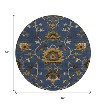 8' Navy Blue Gold And Brown Round Floral Washable Indoor Outdoor Area Rug