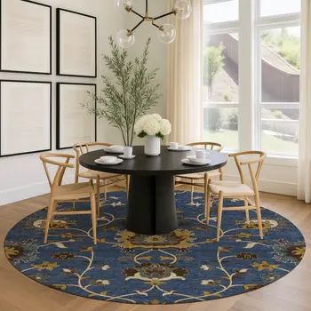8' Navy Blue Gold And Brown Round Floral Washable Indoor Outdoor Area Rug
