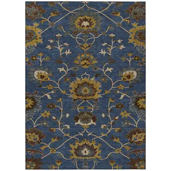 9' X 12' Navy Blue Gold And Brown Floral Washable Indoor Outdoor Area Rug
