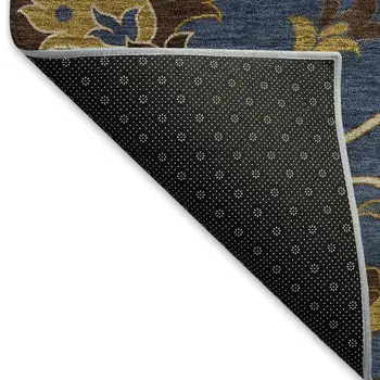 9' X 12' Navy Blue Gold And Brown Floral Washable Indoor Outdoor Area Rug