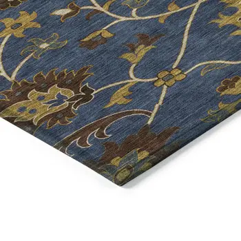 9' X 12' Navy Blue Gold And Brown Floral Washable Indoor Outdoor Area Rug