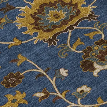 9' X 12' Navy Blue Gold And Brown Floral Washable Indoor Outdoor Area Rug