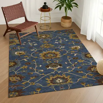 10' X 14' Navy Blue Gold And Brown Floral Washable Indoor Outdoor Area Rug