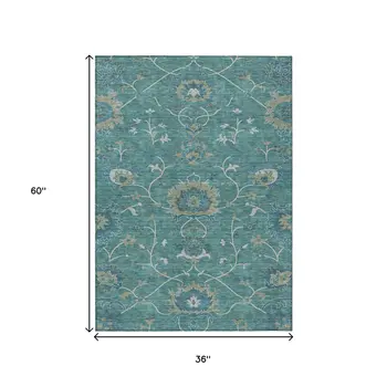 3' X 5' Teal Blue And Ivory Floral Washable Indoor Outdoor Area Rug