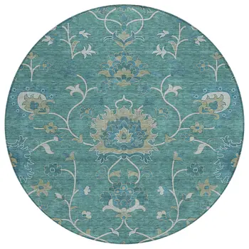8' Teal Blue And Ivory Round Floral Washable Indoor Outdoor Area Rug