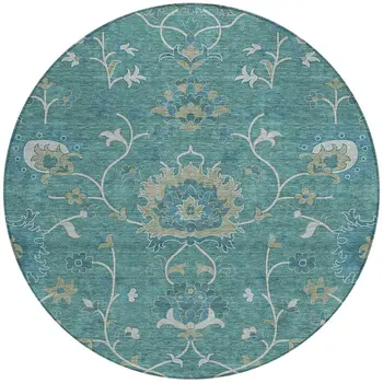 8' Teal Blue And Ivory Round Floral Washable Indoor Outdoor Area Rug