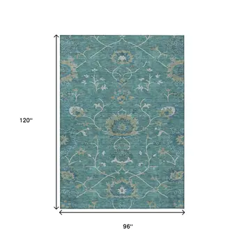 8' X 10' Teal Blue And Ivory Floral Washable Indoor Outdoor Area Rug