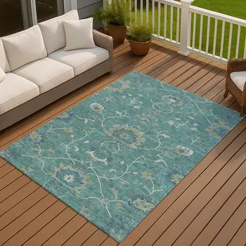 9' X 12' Teal Blue And Ivory Floral Washable Indoor Outdoor Area Rug