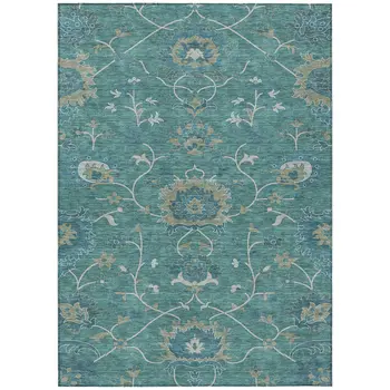 9' X 12' Teal Blue And Ivory Floral Washable Indoor Outdoor Area Rug