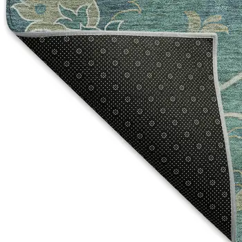 9' X 12' Teal Blue And Ivory Floral Washable Indoor Outdoor Area Rug