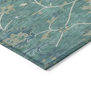 9' X 12' Teal Blue And Ivory Floral Washable Indoor Outdoor Area Rug