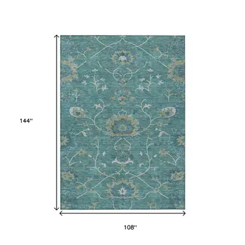 9' X 12' Teal Blue And Ivory Floral Washable Indoor Outdoor Area Rug