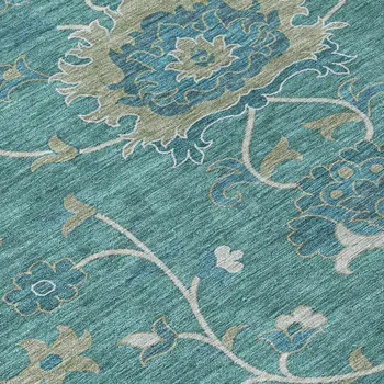 9' X 12' Teal Blue And Ivory Floral Washable Indoor Outdoor Area Rug