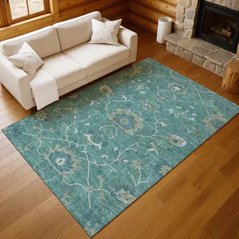 9' X 12' Teal Blue And Ivory Floral Washable Indoor Outdoor Area Rug