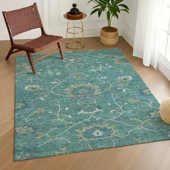 9' X 12' Teal Blue And Ivory Floral Washable Indoor Outdoor Area Rug