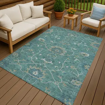 9' X 12' Teal Blue And Ivory Floral Washable Indoor Outdoor Area Rug
