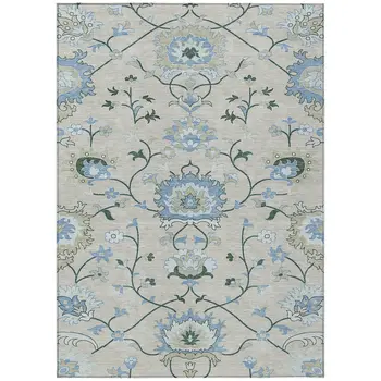 5' X 8' Beige Blue And Ivory Floral Washable Indoor Outdoor Area Rug