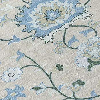 5' X 8' Beige Blue And Ivory Floral Washable Indoor Outdoor Area Rug