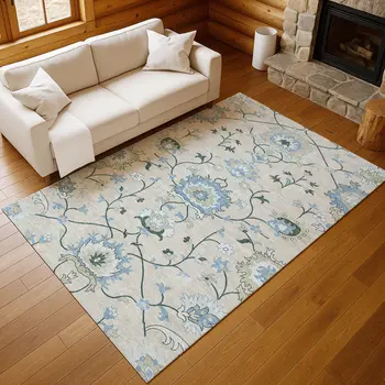 5' X 8' Beige Blue And Ivory Floral Washable Indoor Outdoor Area Rug