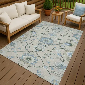 5' X 8' Beige Blue And Ivory Floral Washable Indoor Outdoor Area Rug