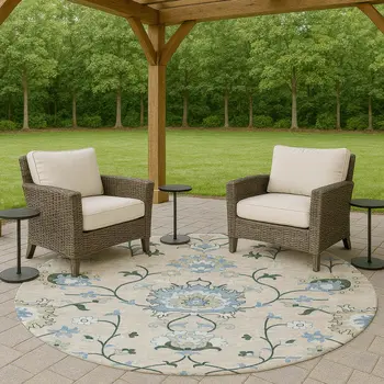 8' Beige Blue And Ivory Round Floral Washable Indoor Outdoor Area Rug