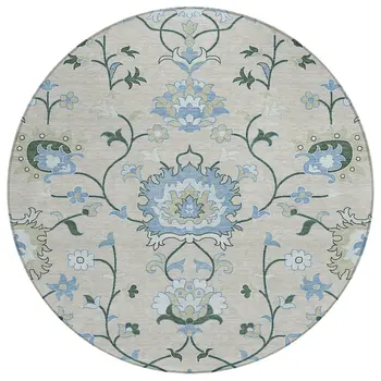 8' Beige Blue And Ivory Round Floral Washable Indoor Outdoor Area Rug