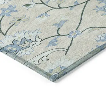 8' Beige Blue And Ivory Round Floral Washable Indoor Outdoor Area Rug