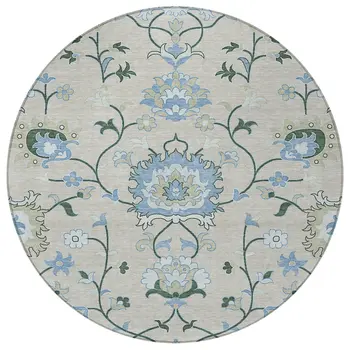 8' Beige Blue And Ivory Round Floral Washable Indoor Outdoor Area Rug