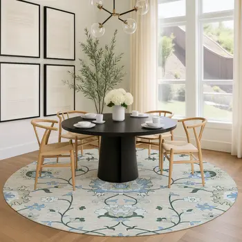 8' Beige Blue And Ivory Round Floral Washable Indoor Outdoor Area Rug