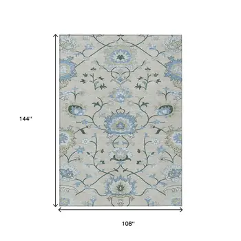 9' X 12' Beige Blue And Ivory Floral Washable Indoor Outdoor Area Rug