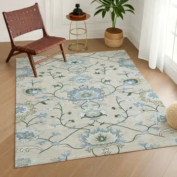 9' X 12' Beige Blue And Ivory Floral Washable Indoor Outdoor Area Rug