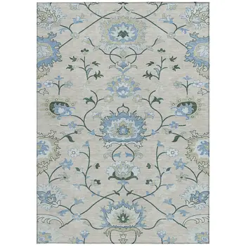 10' X 14' Beige Blue And Ivory Floral Washable Indoor Outdoor Area Rug