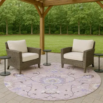 8' Blush Lavender And Beige Round Floral Washable Indoor Outdoor Area Rug